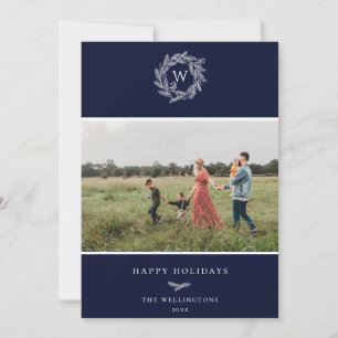 Winter Wreath Monogram Holiday Photo Card Blue