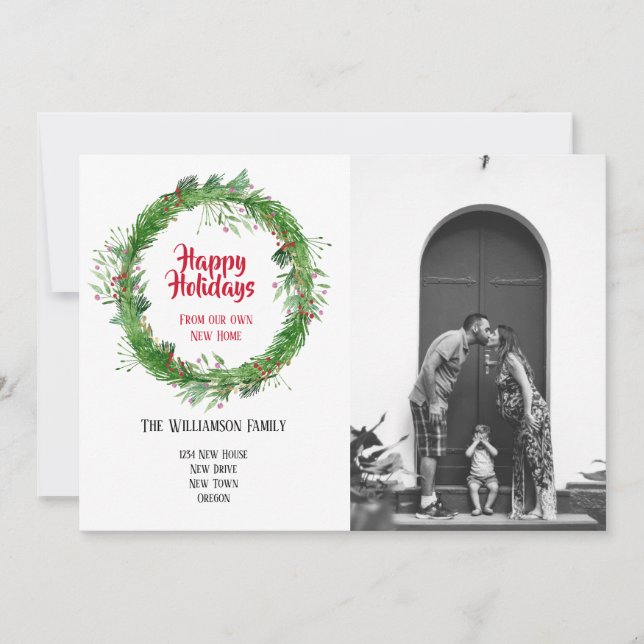 Winter Wreath New Home for the Holidays Photo Card (Front)