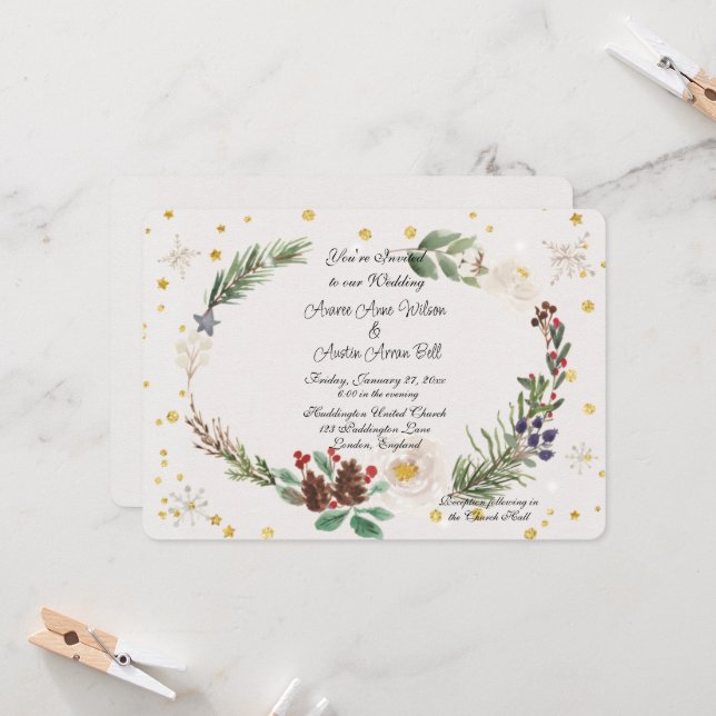 Winter Wreath of Pine Cones and Holly Invitation (Front/Back In Situ)