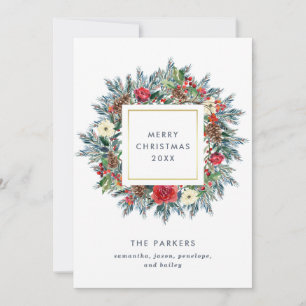 Winter Wreath on White   Merry Christmas Holiday Card