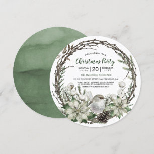Winter Wreath Poinsettia & Bird Christmas Invitation