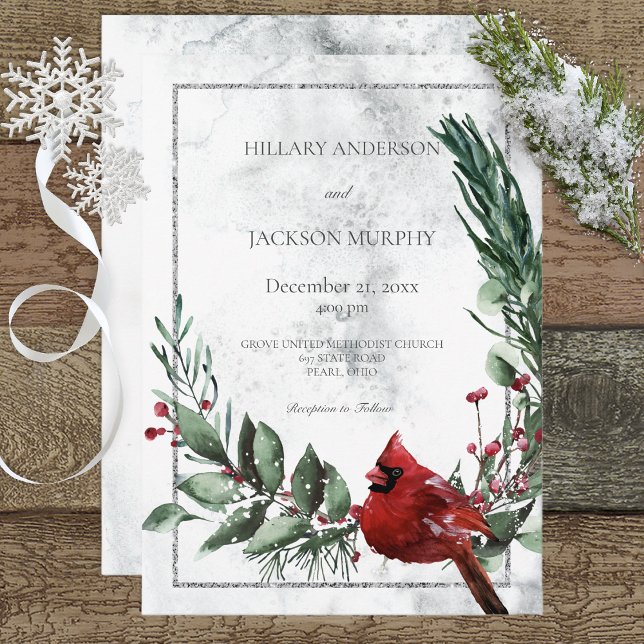 Winter Wreath & Red Cardinal Wedding Invitation (Creator Uploaded)