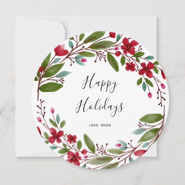 Winter wreath red flowers foliage Christmas happy Holiday Card (Front)