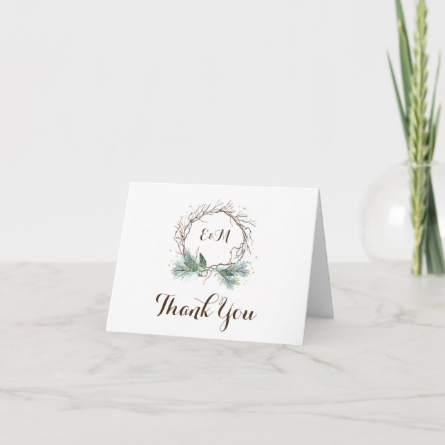 Winter Wreath Rustic Wedding Thank You Card (Front)