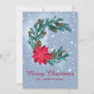 Winter wreath, watercolor, poinsettia, pine cones holiday card