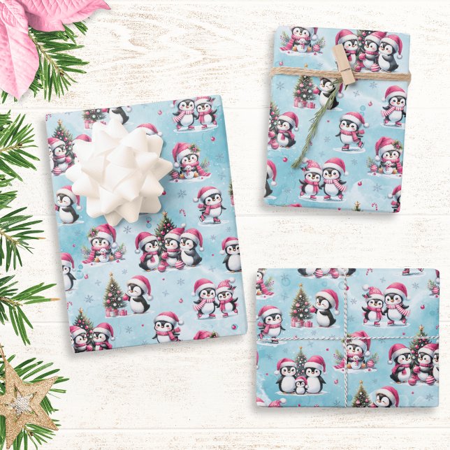 Winter Xmas Blue and Pink Cute Penguin Christmas Wrapping Paper Sheet (Creator Uploaded)