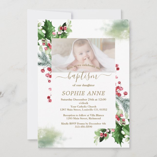 Winter Xmas Poinsettia Pine Berry Photo Baptism Invitation (Front)