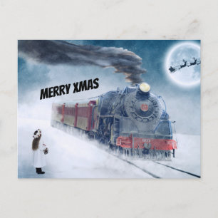 Winter Xmas Train with Girl Holiday Postcard