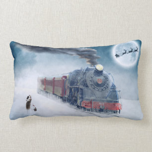 Winter Xmas Train with Girl Lumbar Cushion