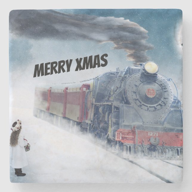 Winter Xmas Train with Girl Stone Coaster (Front)