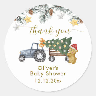 Winter X'mas Tree Tractor Bear Baby Shower Classic Round Sticker