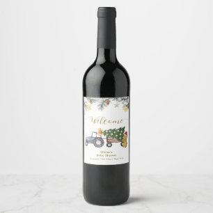Winter X'mas Tree Tractor Bear Baby Shower Welcome Wine Label