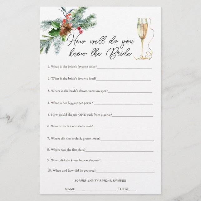 Winter Xmas Who Knows The Bride Bridal Shower Game (Front)