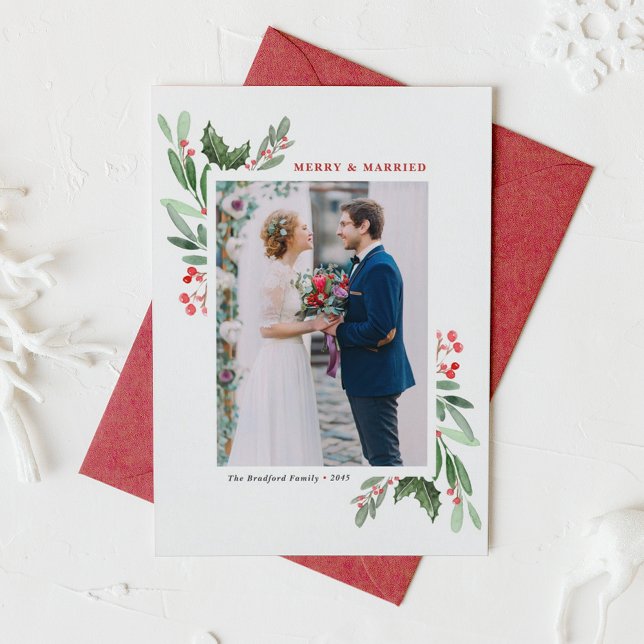 Winterberry and Holly Wedding Christmas Photo Holiday Card (Watercolor Winterberry and Holly Merry and Married Wedding Christmas Photo Holiday Card)