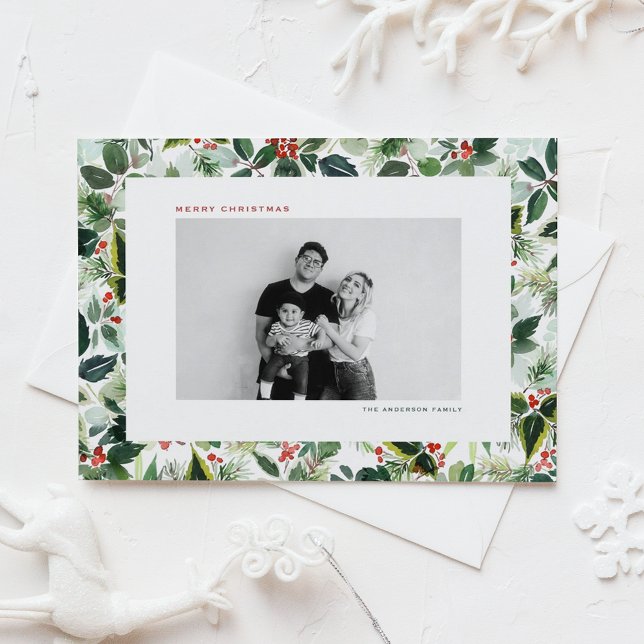 Winterberry and Variegated Leaves Photo Christmas Holiday Postcard (Customizable botanical photo Christmas postcard featuring watercolor holly and greenery pattern. )