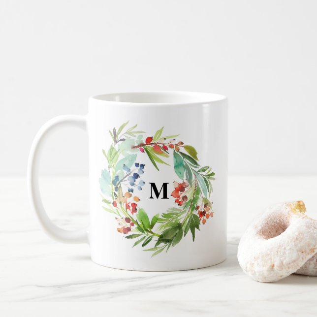 Winterberry Holly and Juniper Christmas Monogram Coffee Mug (With Donut)