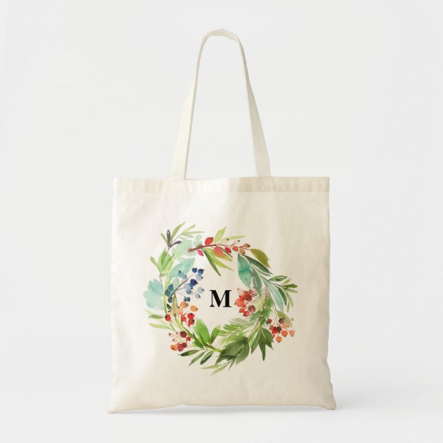 Winterberry Holly and Juniper Christmas Monogram Tote Bag (Front)
