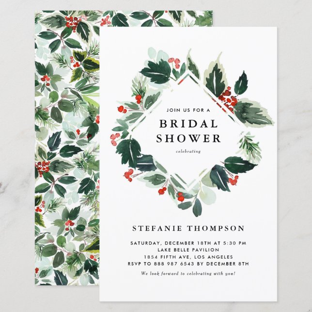 Winterberry Holly Greenery Bridal Shower Invite (Front/Back)