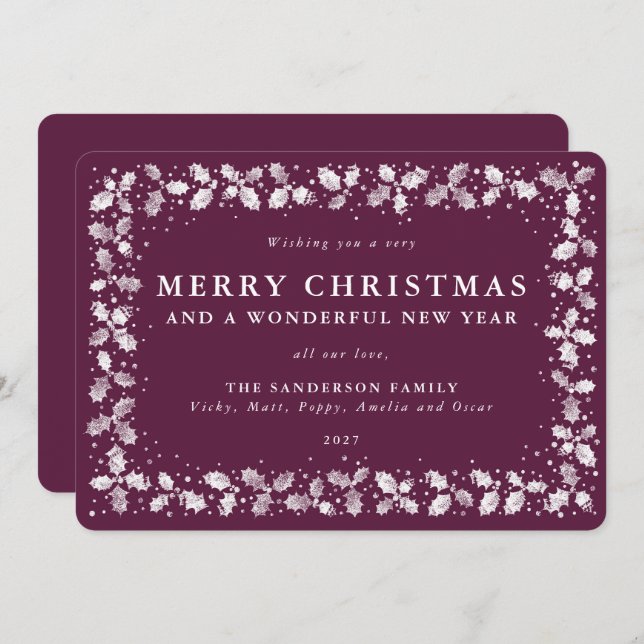 Winterberry Holly Leaves Border Flat Non Photo Holiday Card (Front/Back)