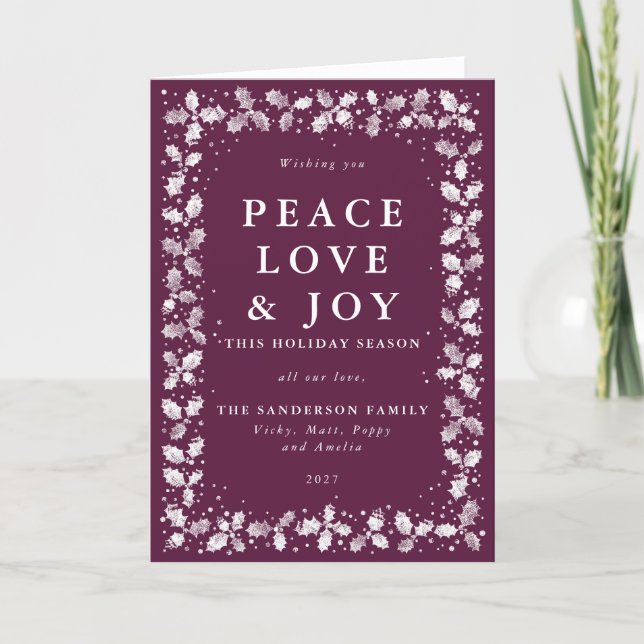 Winterberry Peace Love & Joy Hand Printed Holly Holiday Card (Front)