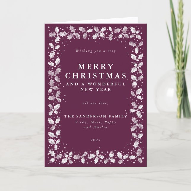 Winterberry Printed Holly+Berries Border Non Photo Holiday Card (Front)