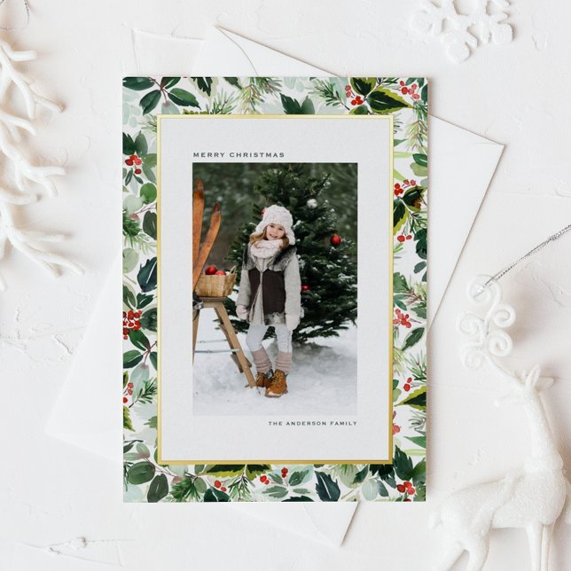 Winterberry with Variegated Leaves Photo Christmas Foil Holiday Postcard (Gold foil photo Christmas postcard featuring watercolor holly greenery.)