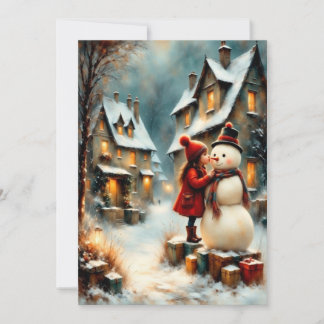 Winterliche Dorfszene mit Mädchen und Schneemann Invitation