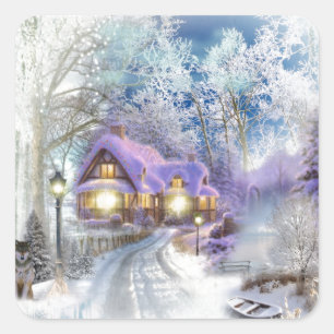 Winters Glow Christmas Cottage Square Sticker