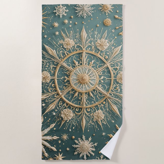 Winter's Golden Embrace: A Snowflake Serenade Beach Towel (Front)