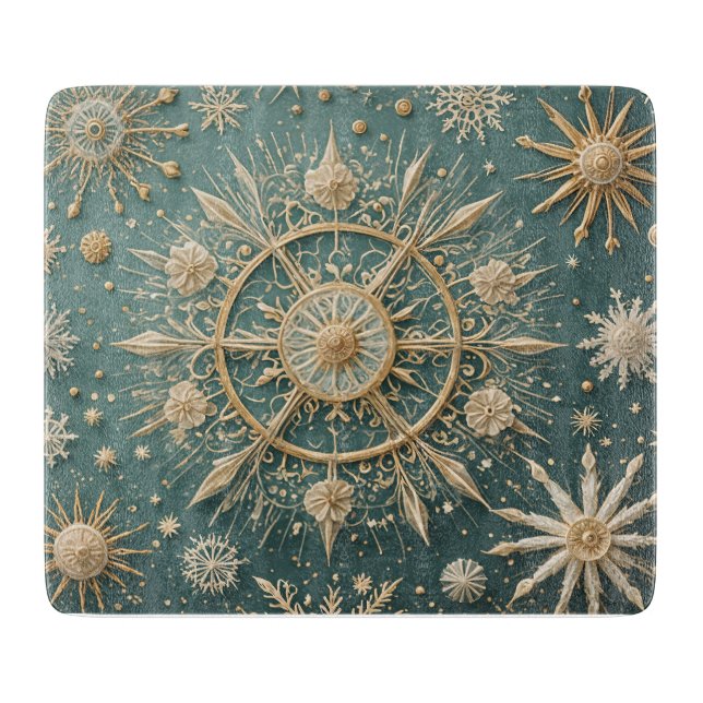 Winter's Golden Embrace: A Snowflake Serenade Cutting Board (Front)