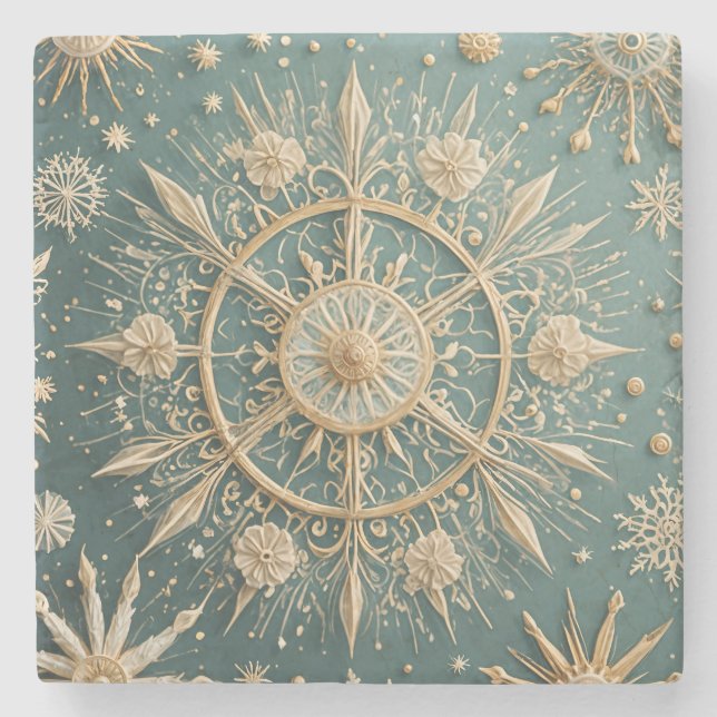 Winter's Golden Embrace: A Snowflake Serenade Stone Coaster (Front)