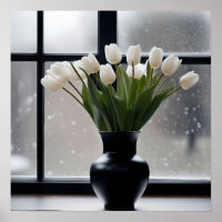 "Winter's Grace: White Tulips in a Black Vase