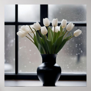 "Winter's Grace: White Tulips in a Black Vase  Poster