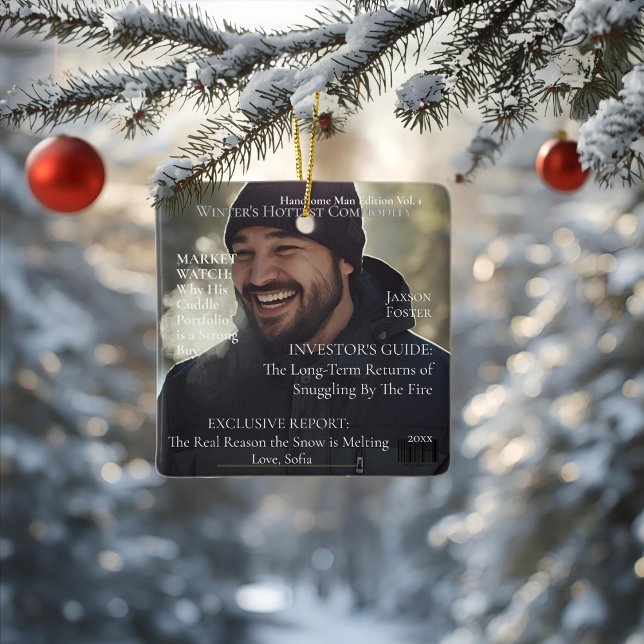 Winter's Hottest Commodity magazine husband Ceramic Ornament (Professional product mockup, front-view of a square ceramic 'Winter's Hottest Commodity' ornament wi)