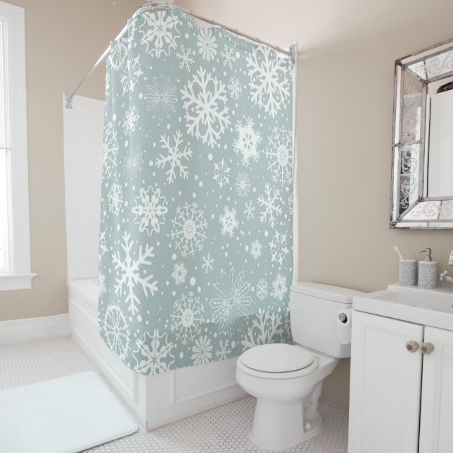 Winter's Snowflakes, Light Teal & White Shower Curtain (In Situ)