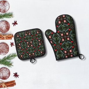 Winters Snowflakes, Poinsettias, Cardinals Oven Mitt & Pot Holder Set