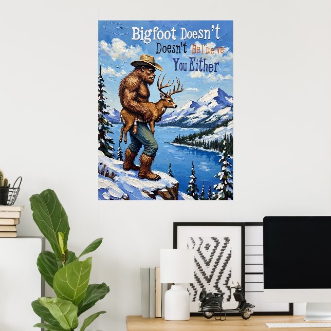 Winter's Vigil: Bigfoot's Snowy View Poster (Home Office)