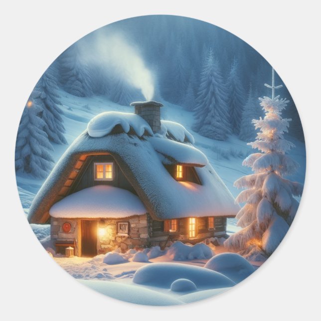 Winter's Warm Embrace: A Solitary Snowy Hut Classic Round Sticker (Front)