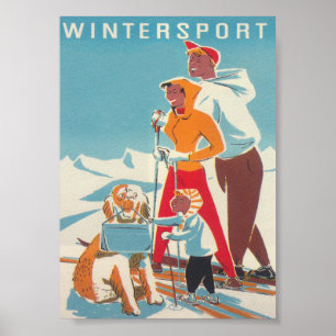 Wintersport Ski Family and Dog Retro Vintage Poster