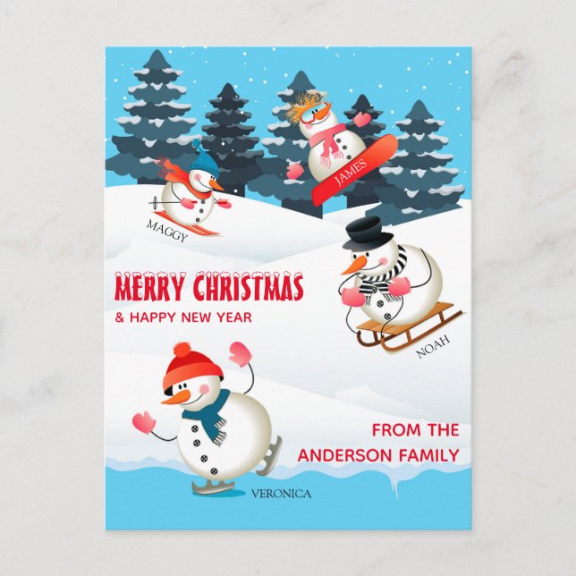 Wintersport Snowmen Illustration Merry Christmas Holiday Postcard (Front)