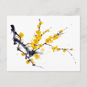 Wintersweet sumie ink and watercolor painting postcard