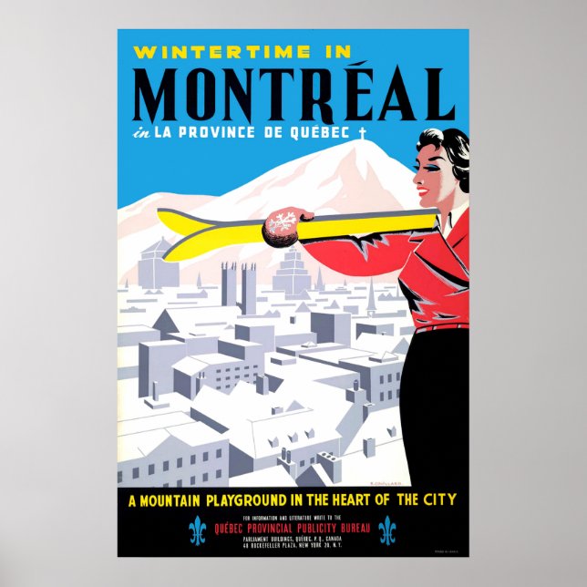 Wintertime in Montreal, woman with ski equipment Poster (Front)