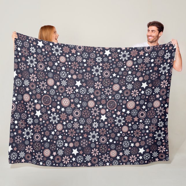 Wintertime pink gold metallic snowflakes fleece blanket (In Situ)