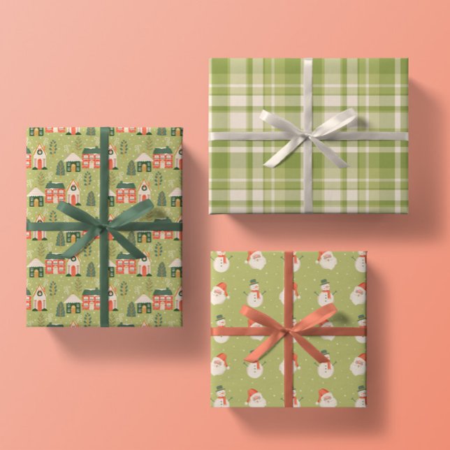 Wintery Christmas Town, Santa, Frosty, Green Plaid Wrapping Paper Sheet (Creator Uploaded)