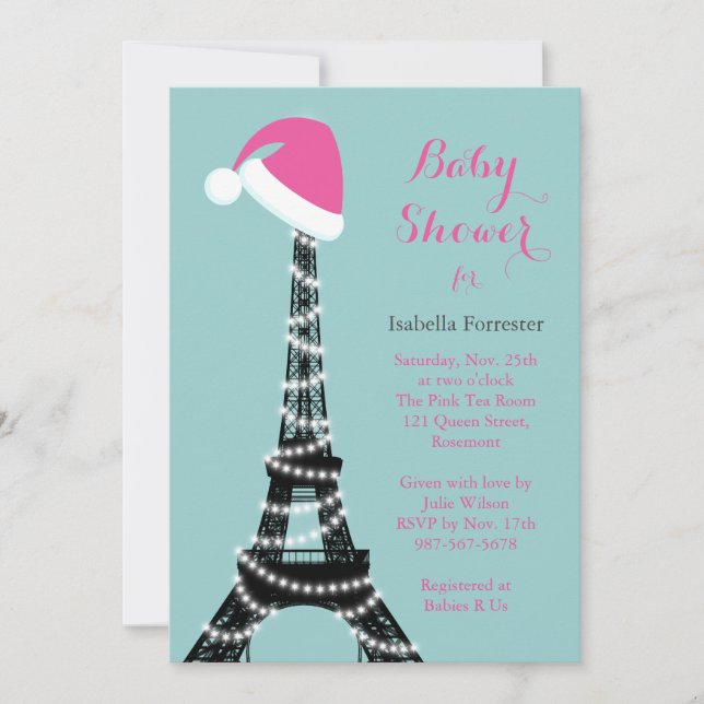 Wintery Eiffel Tower Baby Shower Invite turquoise (Front)