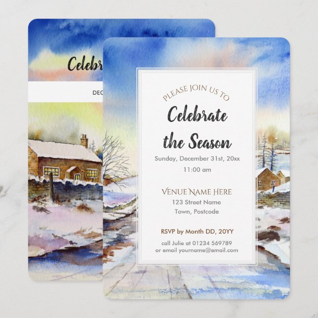 Wintery Lane Watercolor Holiday Season Invitation (Front/Back)