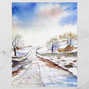 Wintery Lane Watercolor Landscape Painting