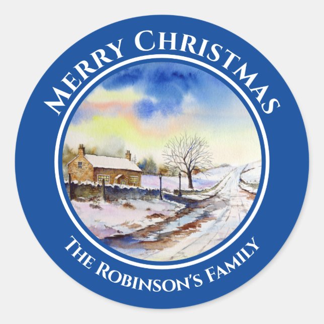 Wintery Lane Watercolor Landscape Painting Circle Classic Round Sticker (Front)