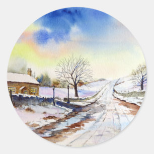 Wintery Lane Watercolor Landscape Painting Classic Round Sticker