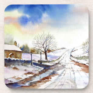 Wintery Lane Watercolor Landscape Painting Coaster